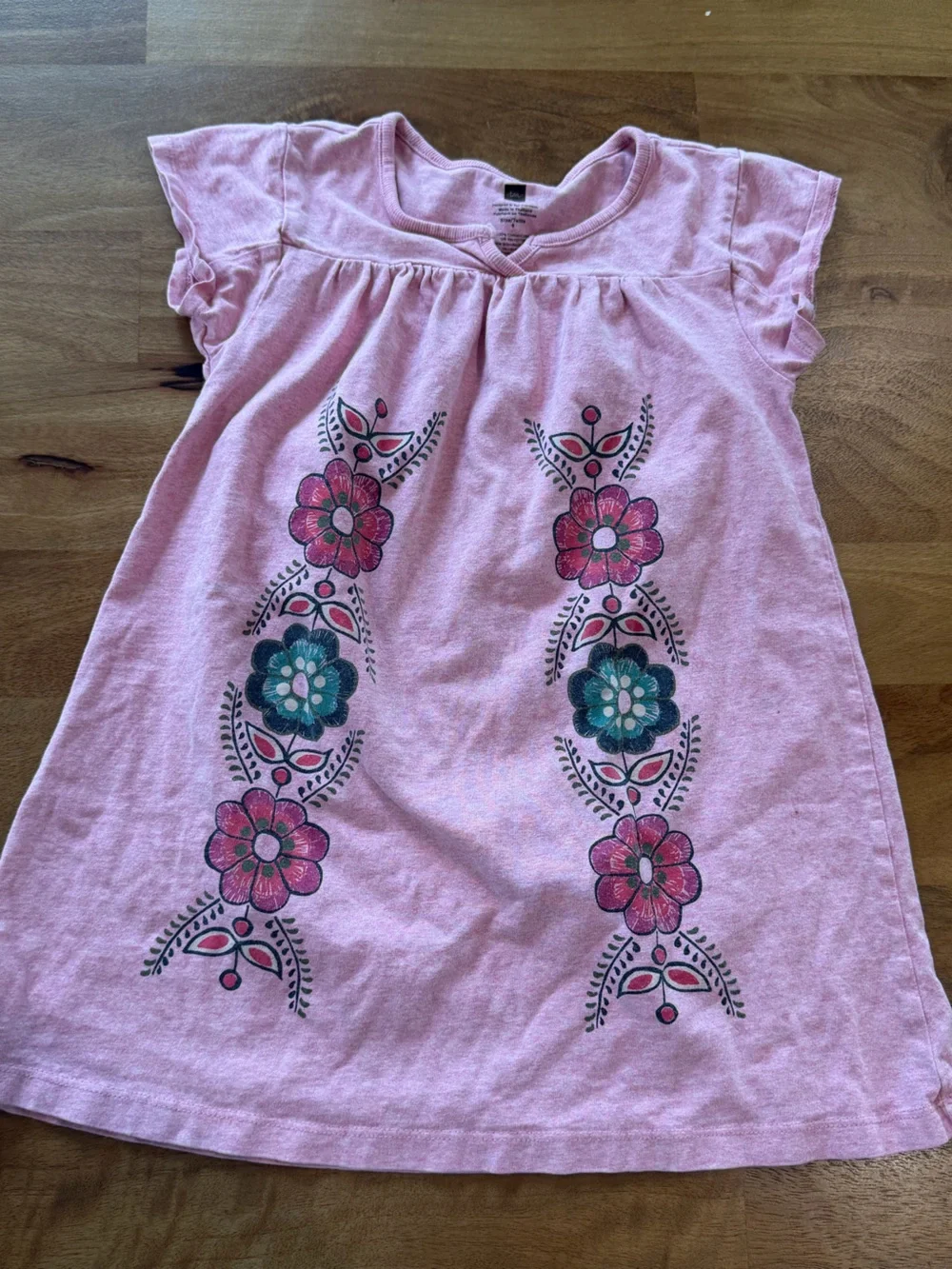 Tea Collection Pink Shift Dress/Tunic with w/ Pink & Teal Flower Design Size 6